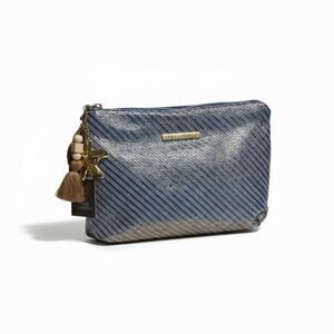 Vince Camuto Women’s Large Metallic Blue Striped Cosmetic Bag Makeup Travel Case